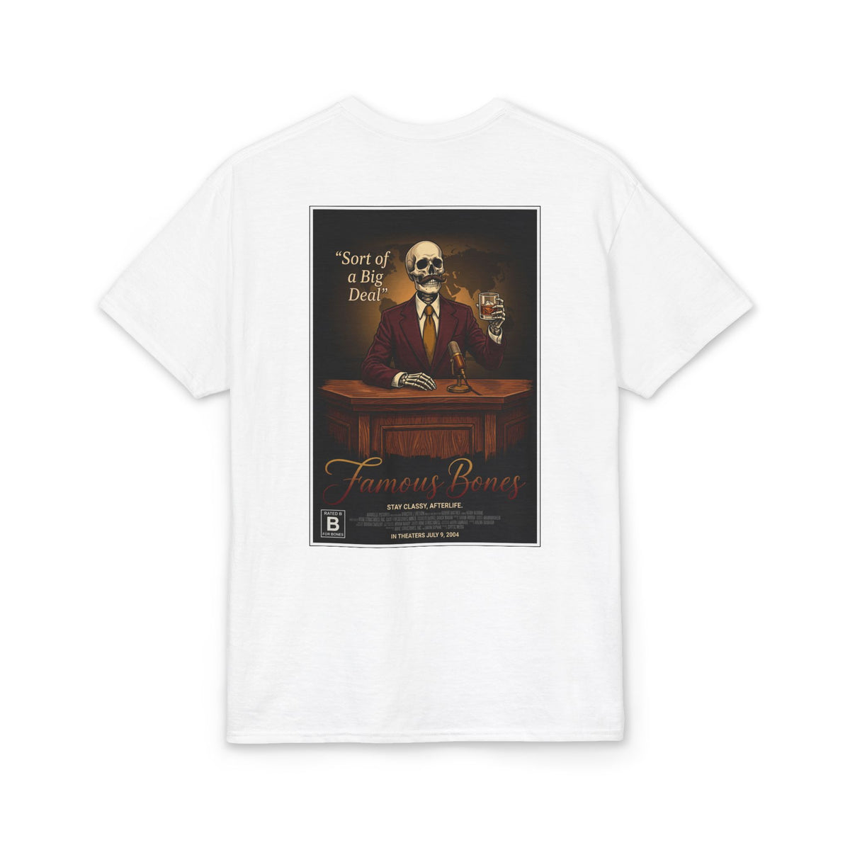 Sort of a Big Deal Skeleton T-Shirt — Funny News Anchor Parody Movie Poster Tee — Retro 70s Newsroom — Famous Bones Pictures — Famous Bones