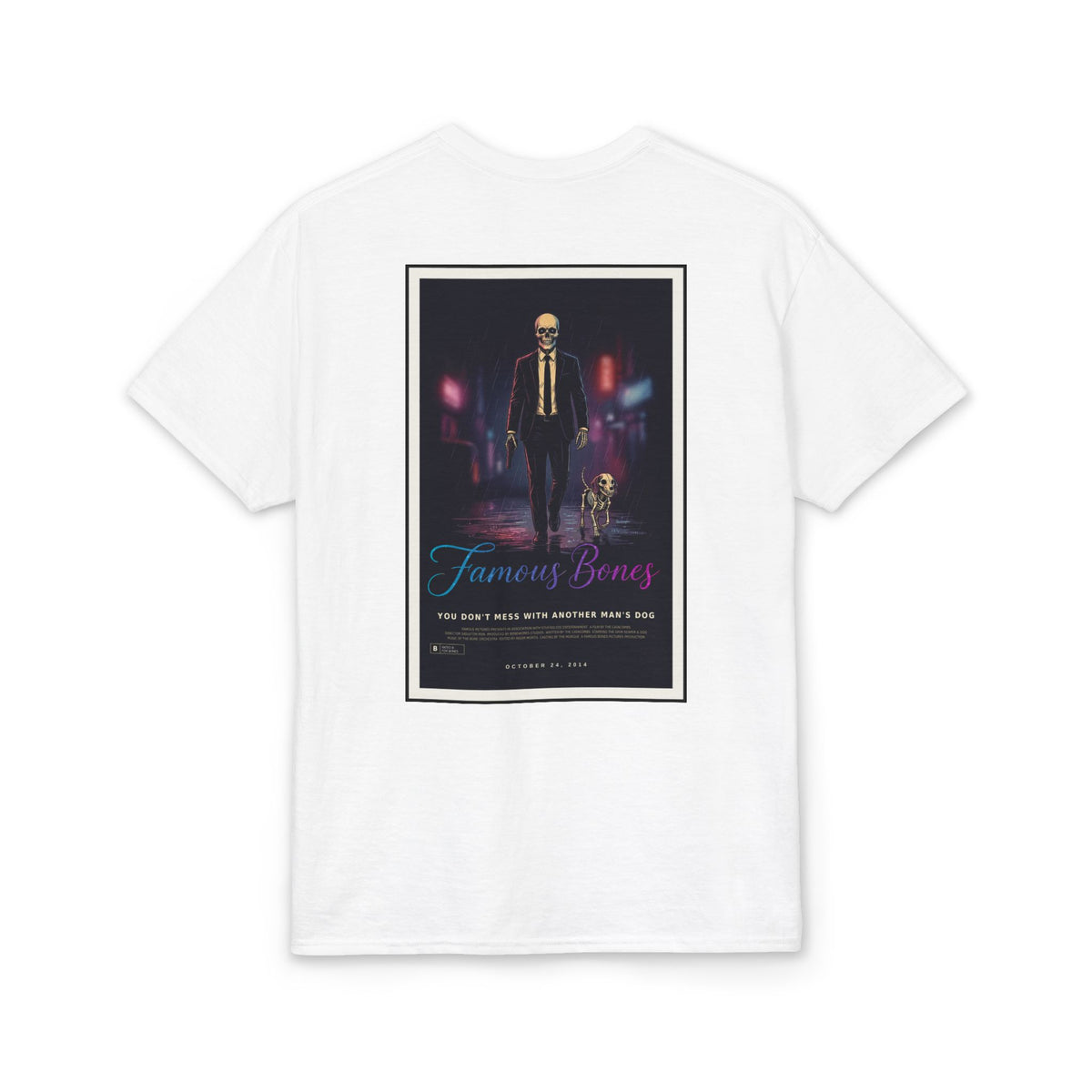 Neon Wick Skeleton T-Shirt — Movie Poster Back Print — Funny Horror Action Parody — Hitman & Dog — Famous Bones Pictures — Famous Bones