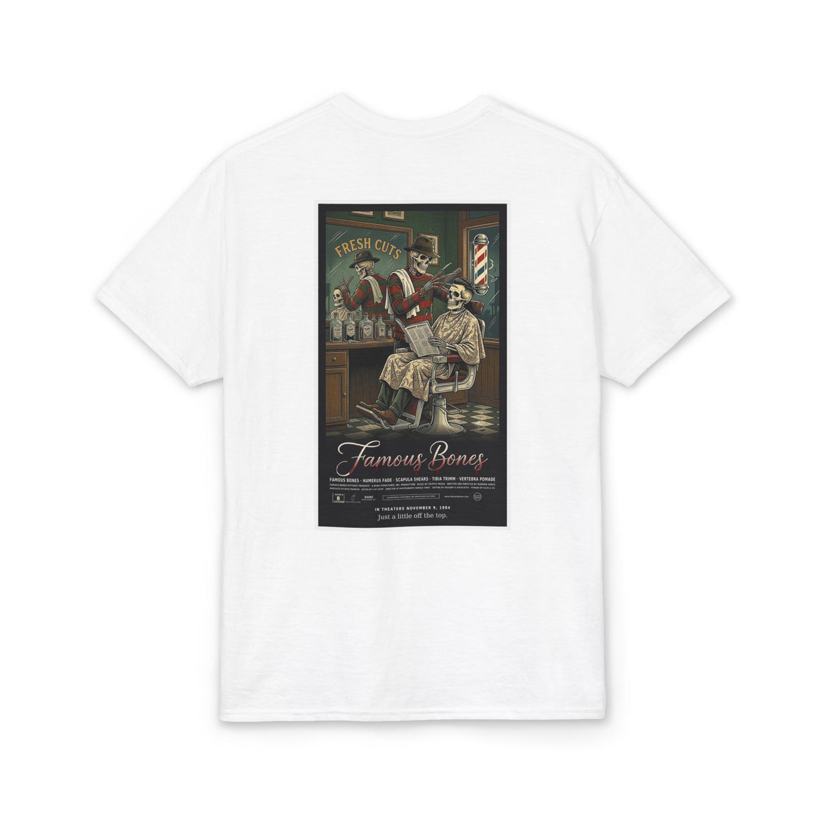 Fresh Cuts — Funny Skeleton Horror Movie Poster T-Shirt | 80s Slasher Barber Parody Tee | Famous Bones Pictures — Famous Bones