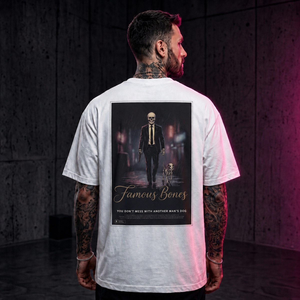 Famous Bones “Another Man’s Dog” Tee | Skeleton Assassin & Dog Movie Poster | Oversized Streetwear Back Print — Famous Bones