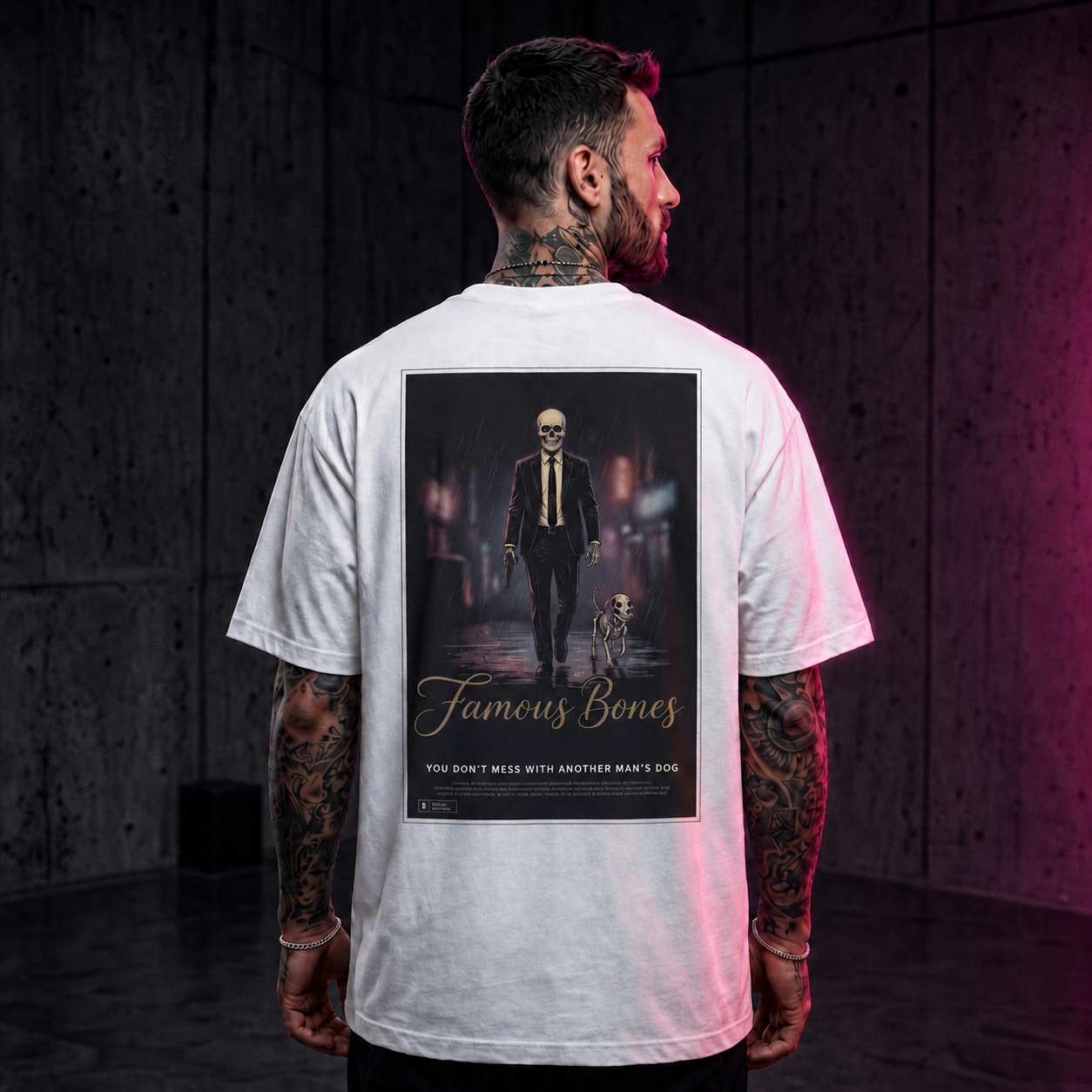 Famous Bones “Another Man’s Dog” Tee | Skeleton Assassin & Dog Movie Poster | Oversized Streetwear Back Print