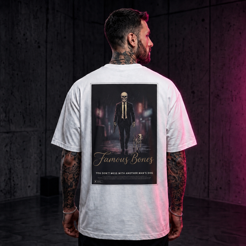 Famous Bones “Another Man’s Dog” Tee | Skeleton Assassin & Dog Movie Poster | Oversized Streetwear Back Print