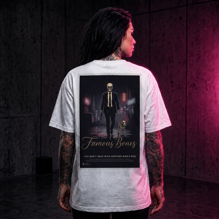 Famous Bones “Another Man’s Dog” Tee | Skeleton Assassin & Dog Movie Poster | Oversized Streetwear Back Print — Famous Bones