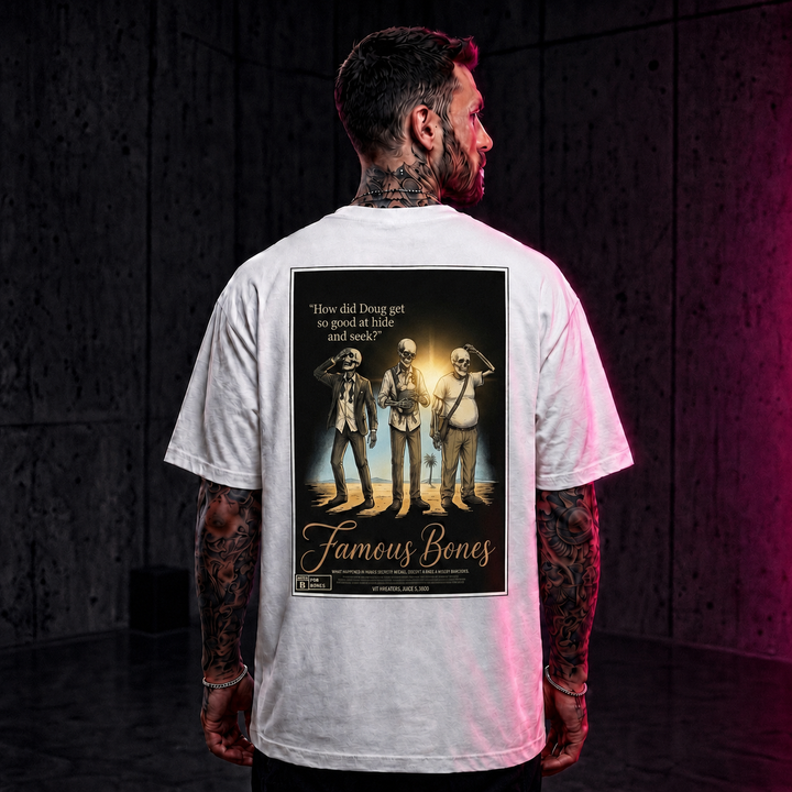 How Did Doug Get So Good At Hide And Seek — Skeleton Movie Poster Tee — Famous Bones