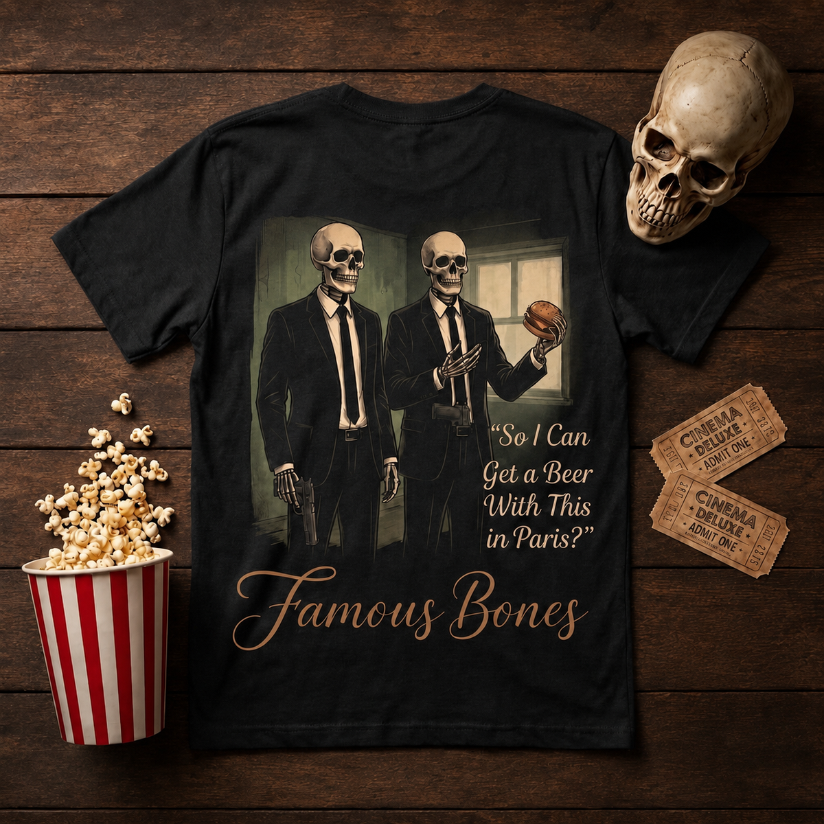 Beer in Paris Skeleton T-Shirt — Funny Horror Comedy Parody Movie Poster Tee — Famous Bones Pictures Unisex DryBlend® T-Shirt — Famous Bones