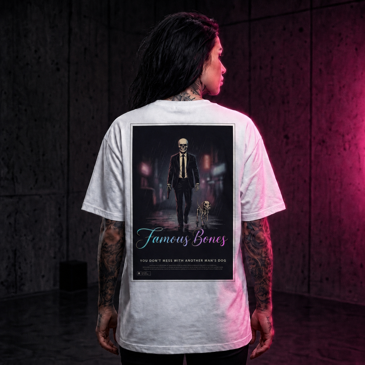 Neon Wick Skeleton T-Shirt — Movie Poster Back Print — Funny Horror Action Parody — Hitman & Dog — Famous Bones Pictures — Famous Bones