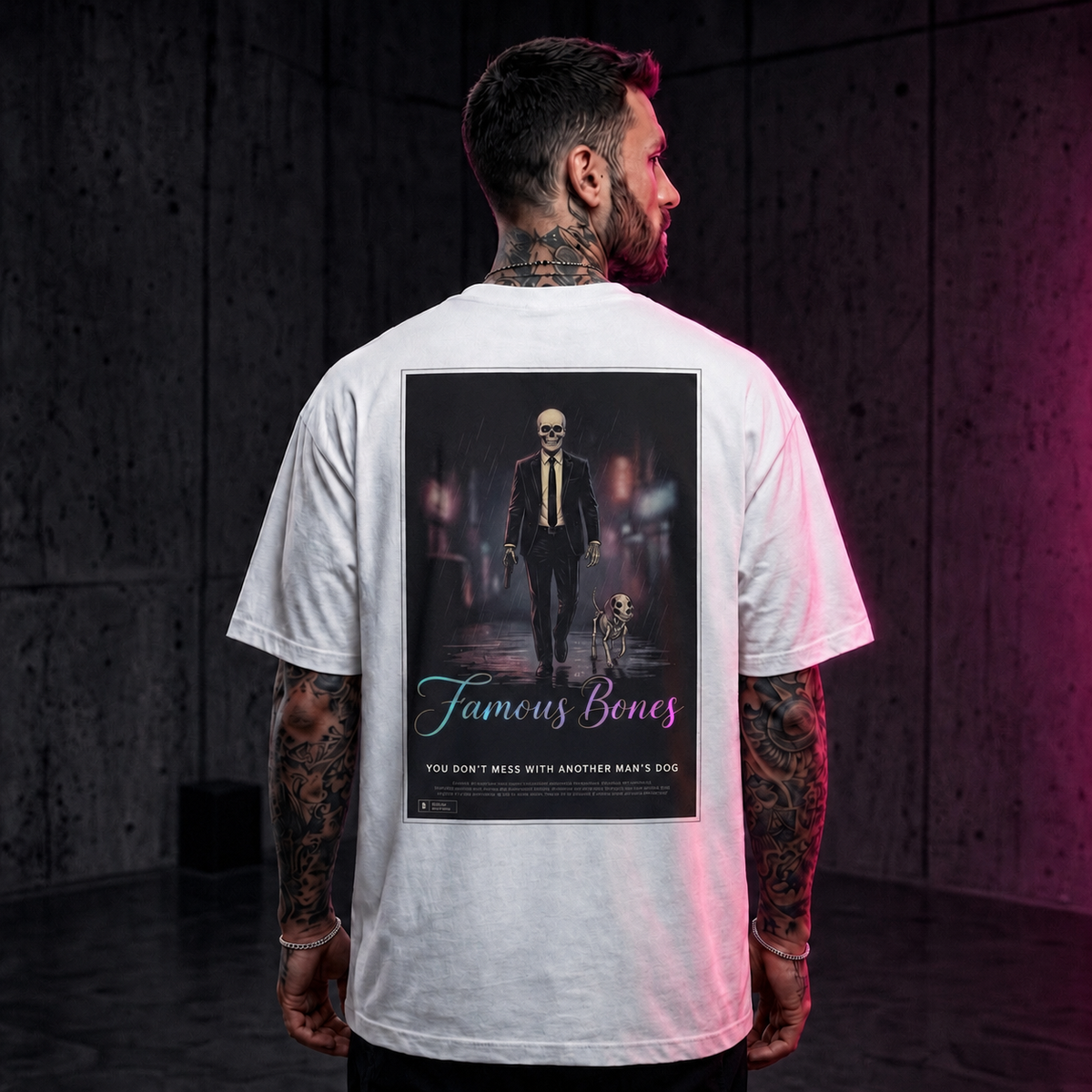 Neon Wick Skeleton T-Shirt — Movie Poster Back Print — Funny Horror Action Parody — Hitman & Dog — Famous Bones Pictures — Famous Bones