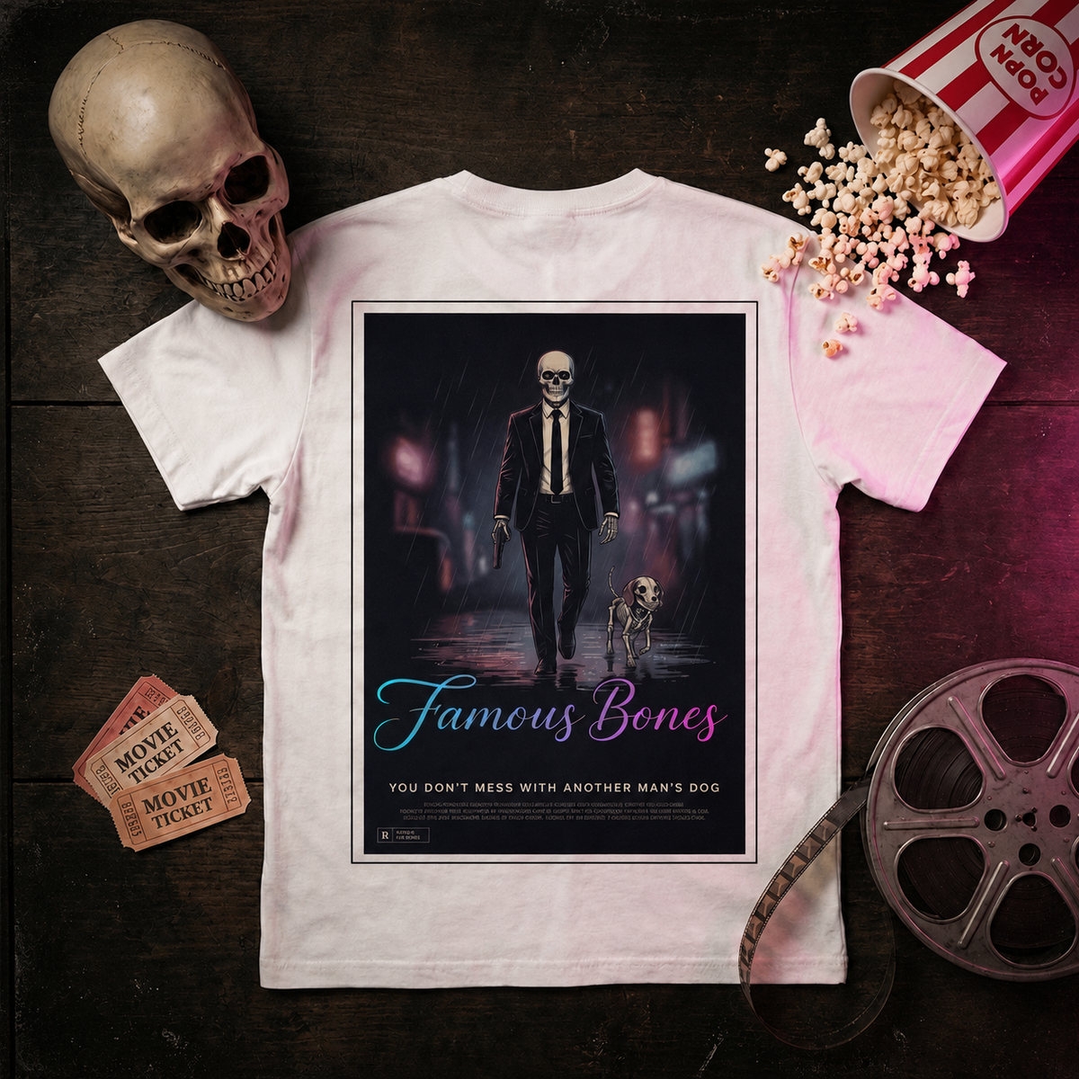Neon Wick Skeleton T-Shirt — Movie Poster Back Print — Funny Horror Action Parody — Hitman & Dog — Famous Bones Pictures — Famous Bones