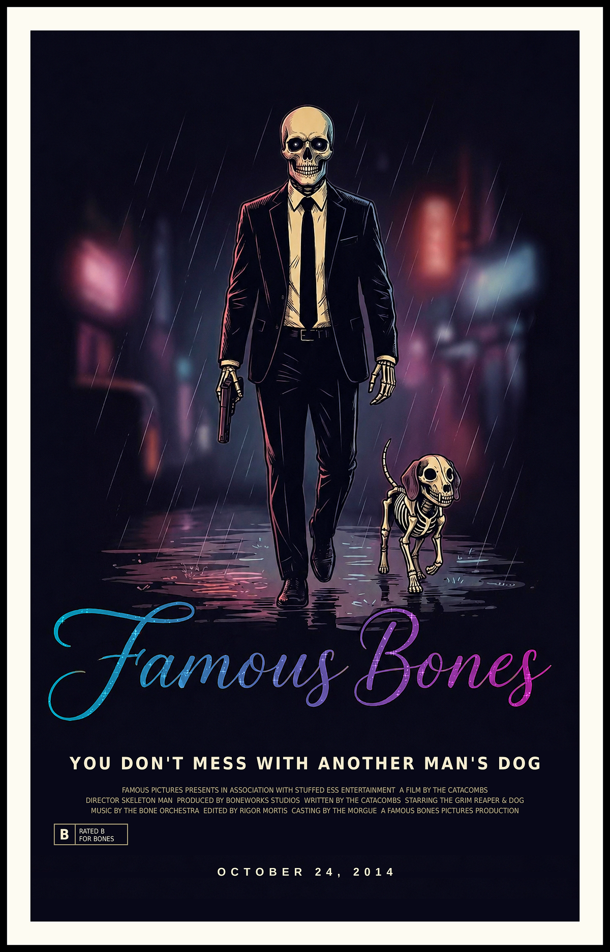 Neon Wick Skeleton T-Shirt — Movie Poster Back Print — Funny Horror Action Parody — Hitman & Dog — Famous Bones Pictures — Famous Bones