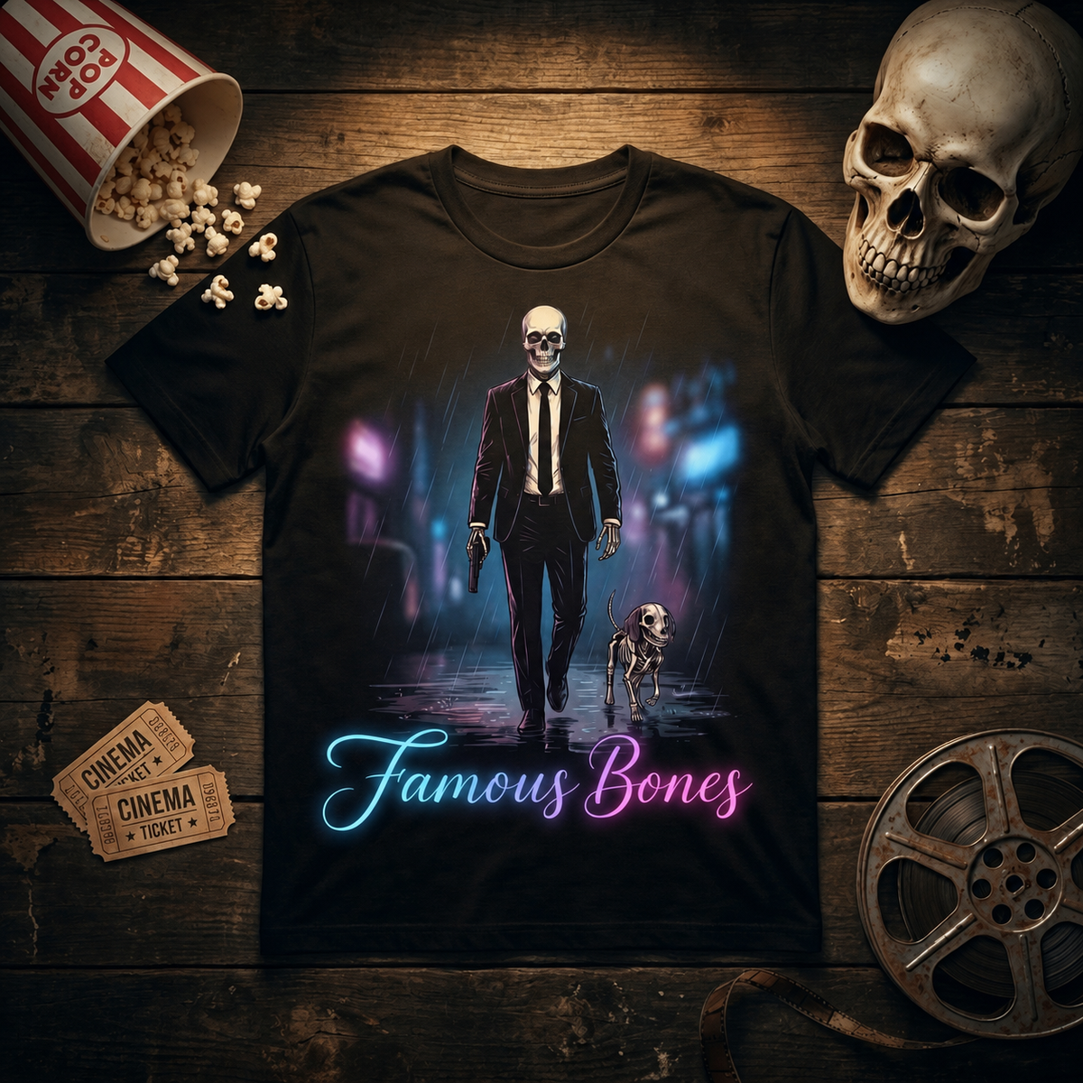 Neon Wick Skeleton T-Shirt — Neon Graphic Tee — Funny Horror Action Parody — Hitman & Dog — Famous Bones Pictures — Famous Bones