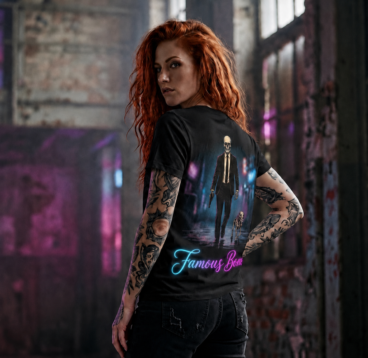 Neon Wick Skeleton T-Shirt — Neon Graphic Tee — Funny Horror Action Parody — Hitman & Dog — Famous Bones Pictures — Famous Bones