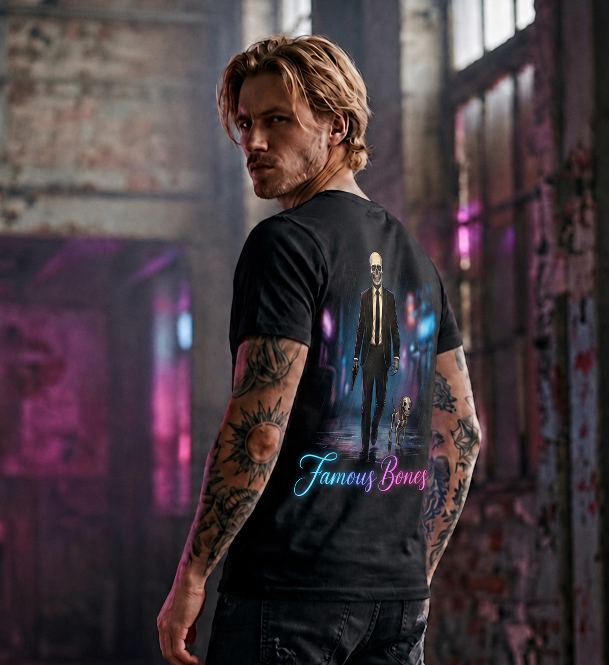 Neon Wick Skeleton T-Shirt — Neon Graphic Tee — Funny Horror Action Parody — Hitman & Dog — Famous Bones Pictures — Famous Bones