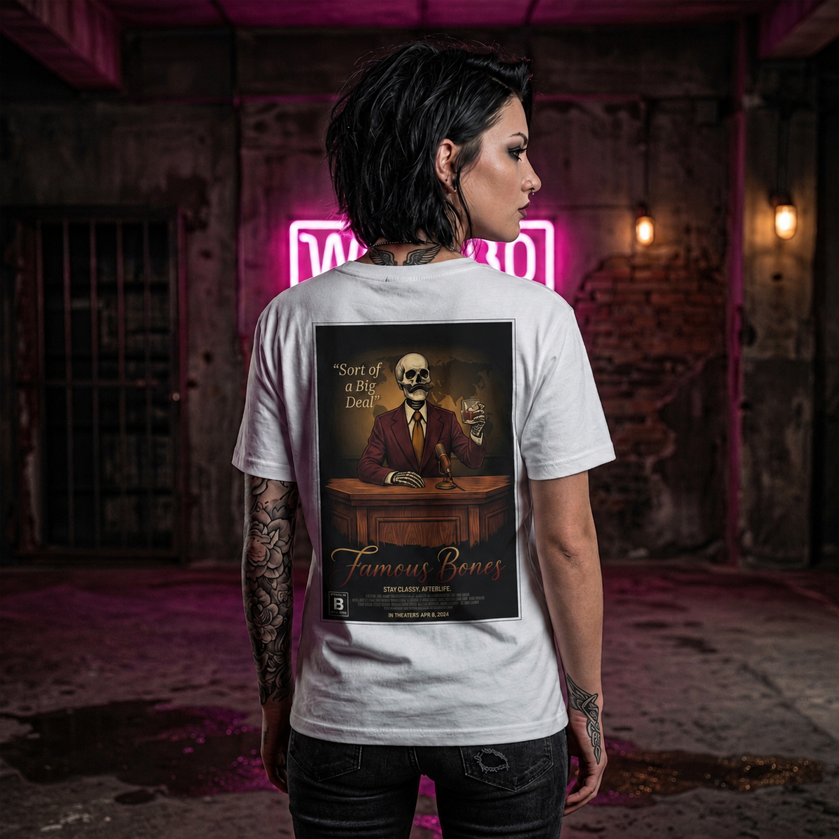 Sort of a Big Deal Skeleton T-Shirt — Funny News Anchor Parody Movie Poster Tee — Retro 70s Newsroom — Famous Bones Pictures — Famous Bones