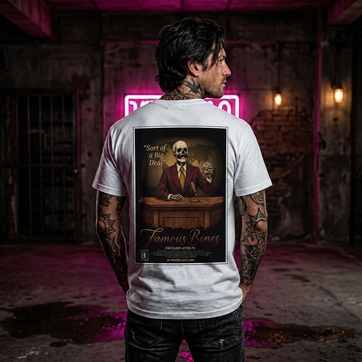 Sort of a Big Deal Skeleton T-Shirt — Funny News Anchor Parody Movie Poster Tee — Retro 70s Newsroom — Famous Bones Pictures — Famous Bones