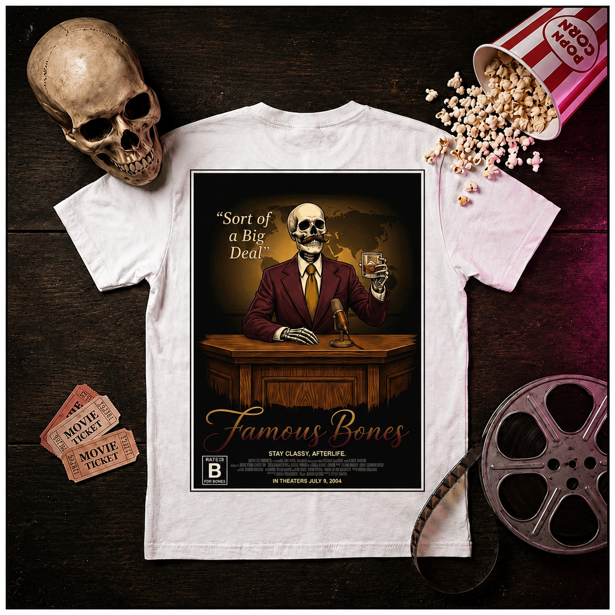 Sort of a Big Deal Skeleton T-Shirt — Funny News Anchor Parody Movie Poster Tee — Retro 70s Newsroom — Famous Bones Pictures — Famous Bones