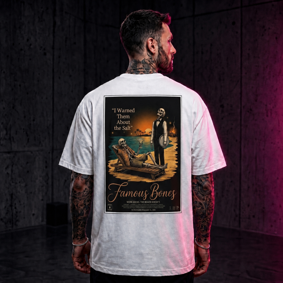 Famous Bones Poster Series T-Shirt — I Warned Them About the Salt — Funny Skeleton Movie Poster T-Shirt | Office Comedy Parody Tee | Famous Bones Pictures — Famous Bones