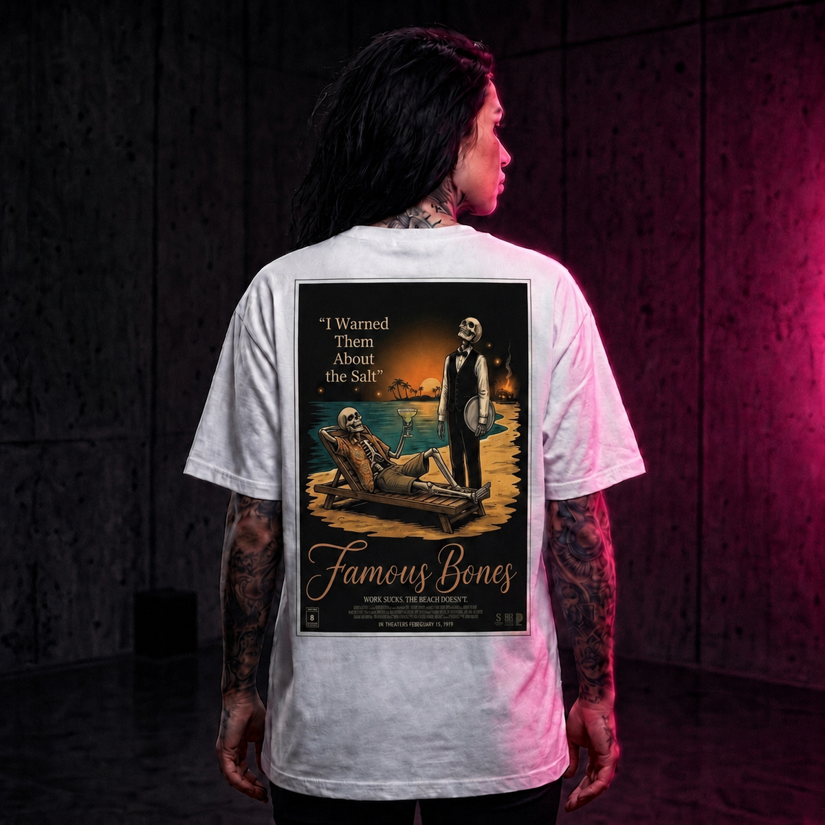 Famous Bones Poster Series T-Shirt — I Warned Them About the Salt — Funny Skeleton Movie Poster T-Shirt | Office Comedy Parody Tee | Famous Bones Pictures — Famous Bones