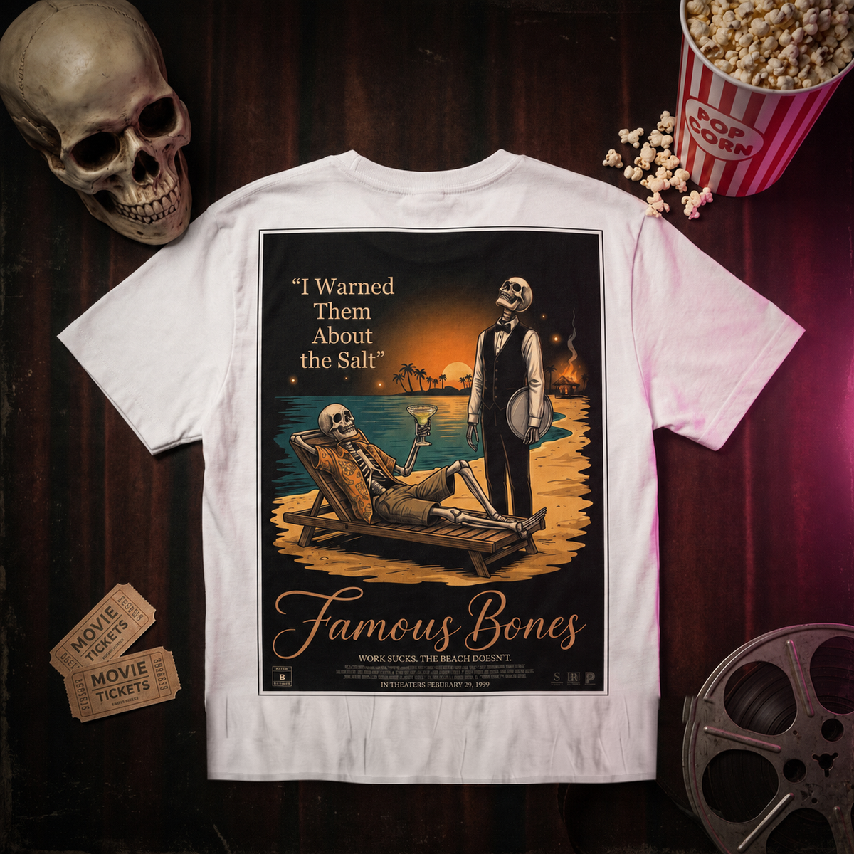Famous Bones Poster Series T-Shirt — I Warned Them About the Salt — Funny Skeleton Movie Poster T-Shirt | Office Comedy Parody Tee | Famous Bones Pictures — Famous Bones