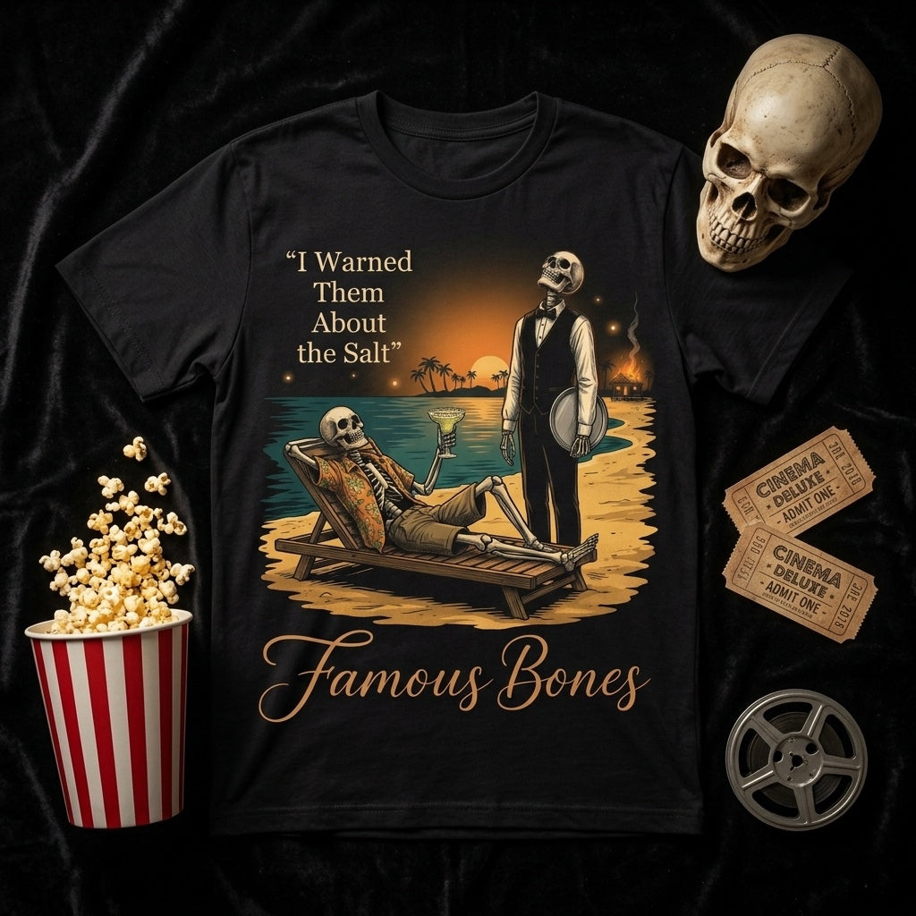 Famous Bones Beach Skeleton T-Shirt – "I Warned Them About the Salt" Vintage Summer Tee — Famous Bones
