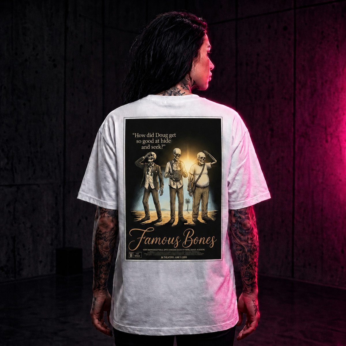 How Did Doug Get So Good at Hide and Seek — Funny Skeleton Movie Poster T-Shirt | Vegas Comedy Parody Tee | Famous Bones Pictures — Famous Bones