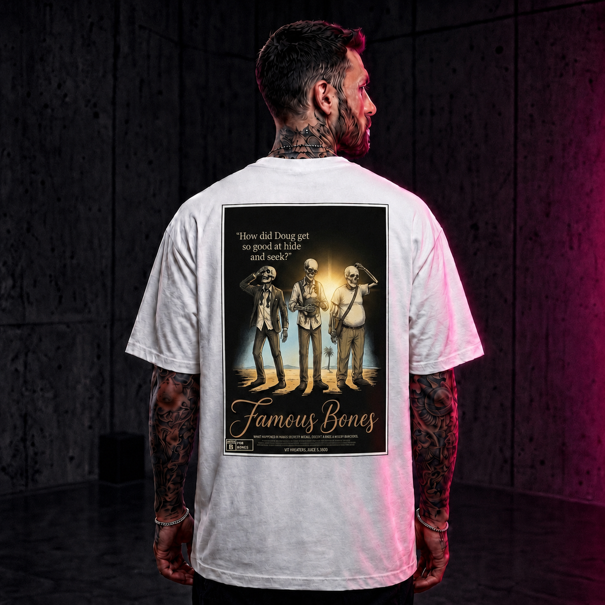How Did Doug Get So Good at Hide and Seek — Funny Skeleton Movie Poster T-Shirt | Vegas Comedy Parody Tee | Famous Bones Pictures — Famous Bones
