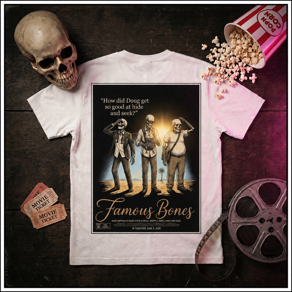 How Did Doug Get So Good at Hide and Seek — Funny Skeleton Movie Poster T-Shirt | Vegas Comedy Parody Tee | Famous Bones Pictures — Famous Bones