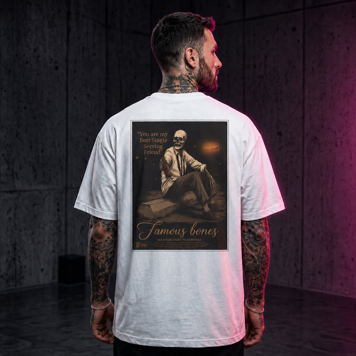 Single Serving Friend Skeleton T-Shirt — Funny Cult Movie Poster Parody Tee | Dark Comedy 90s Film Shirt | Famous Bones Pictures — Famous Bones
