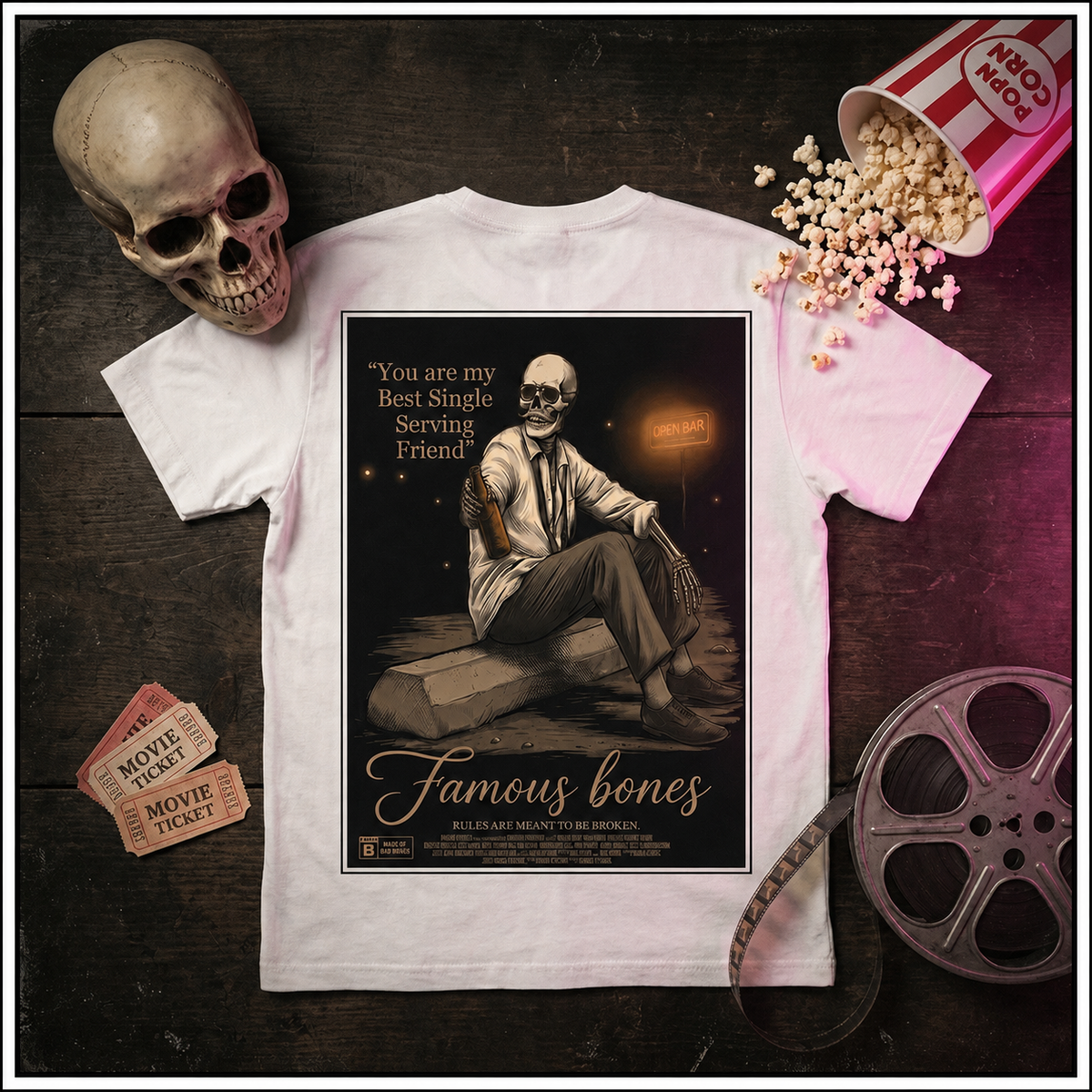 Single Serving Friend Skeleton T-Shirt — Funny Cult Movie Poster Parody Tee | Dark Comedy 90s Film Shirt | Famous Bones Pictures — Famous Bones
