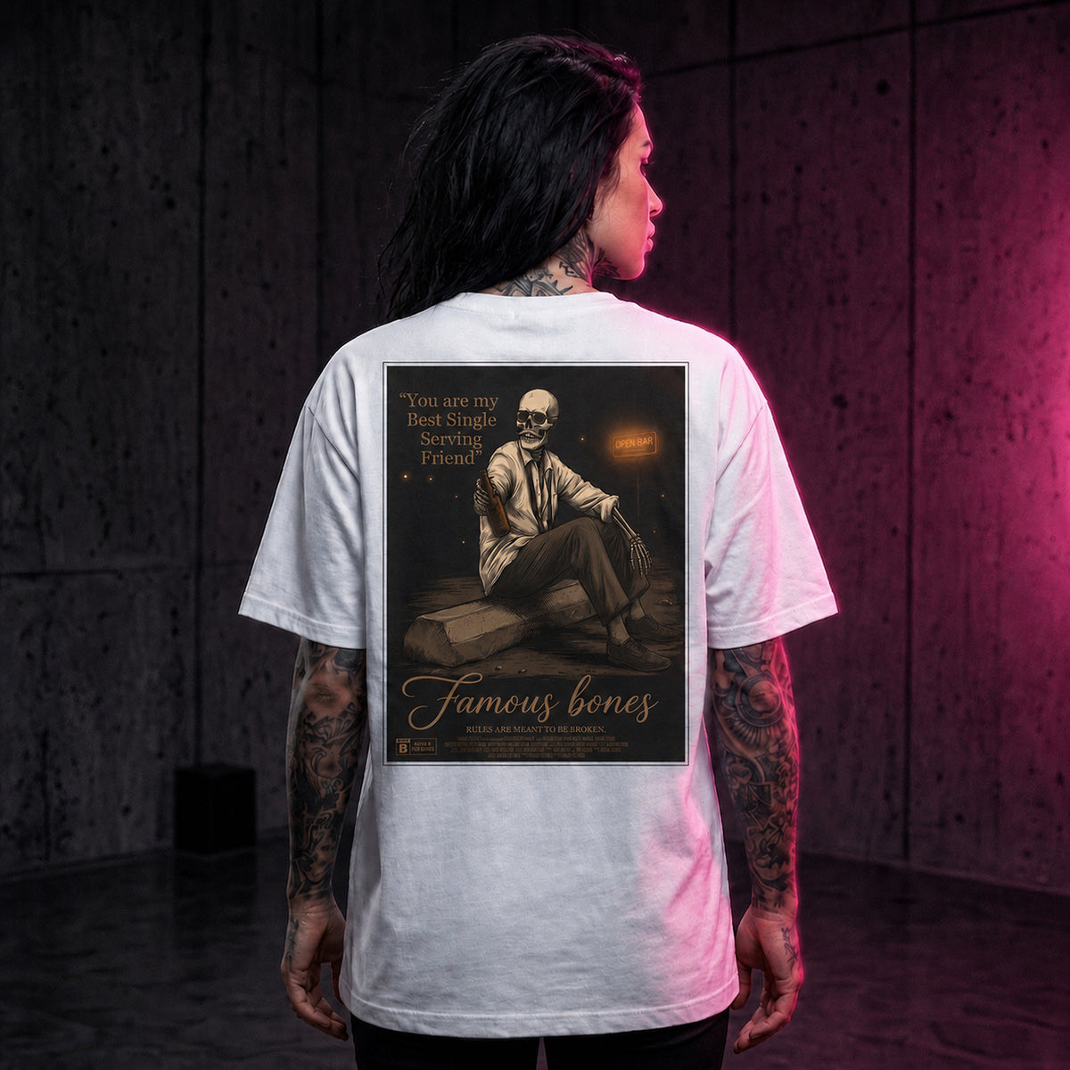 Single Serving Friend Skeleton T-Shirt — Funny Cult Movie Poster Parody Tee | Dark Comedy 90s Film Shirt | Famous Bones Pictures — Famous Bones