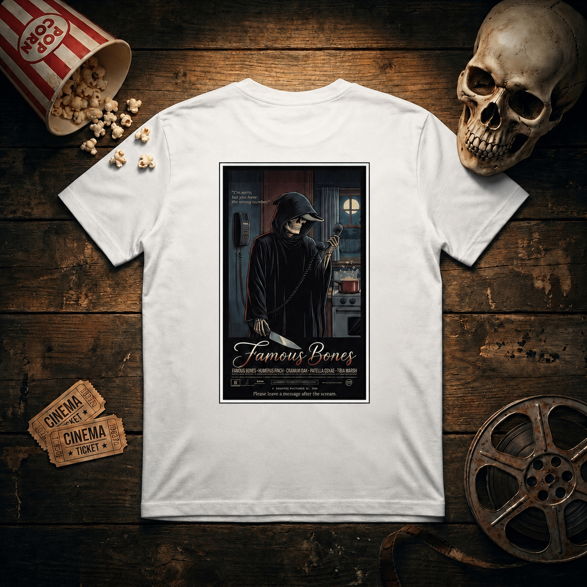 Wrong Number — Funny Skeleton Horror Movie Poster T-Shirt | 90s Slasher Parody Tee | Famous Bones Pictures — Famous Bones