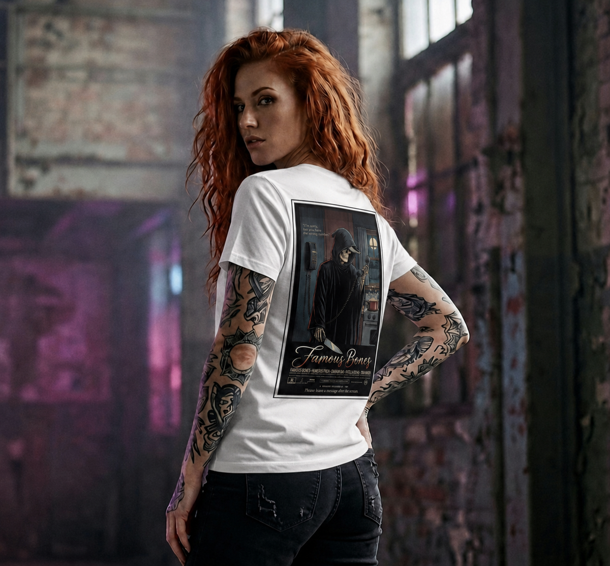 Wrong Number — Funny Skeleton Horror Movie Poster T-Shirt | 90s Slasher Parody Tee | Famous Bones Pictures — Famous Bones