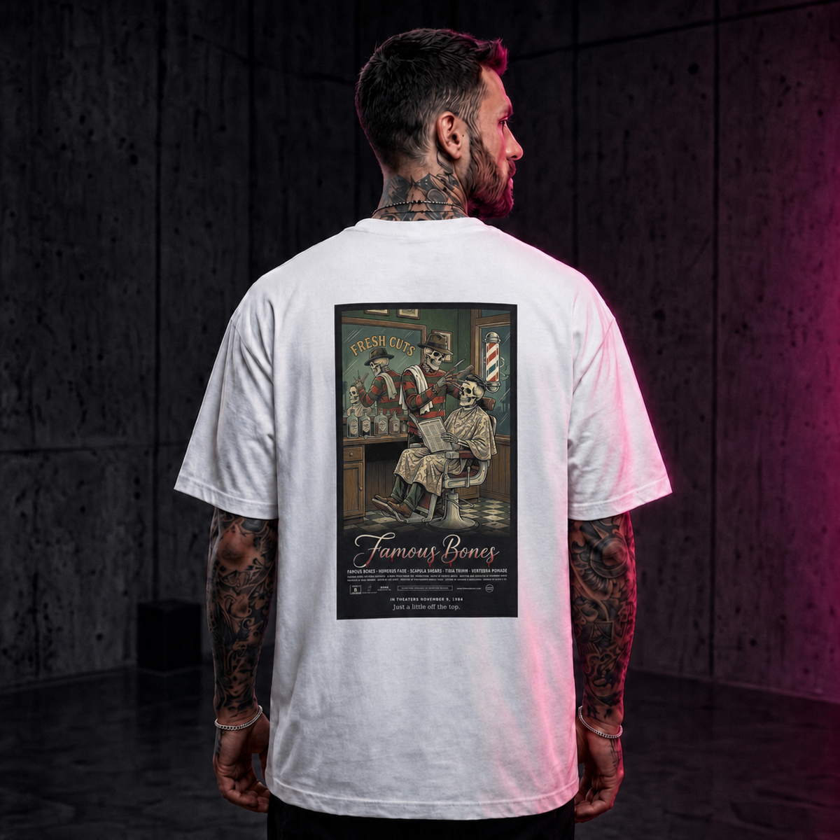 Fresh Cuts — Funny Skeleton Horror Movie Poster T-Shirt | 80s Slasher Barber Parody Tee | Famous Bones Pictures — Famous Bones