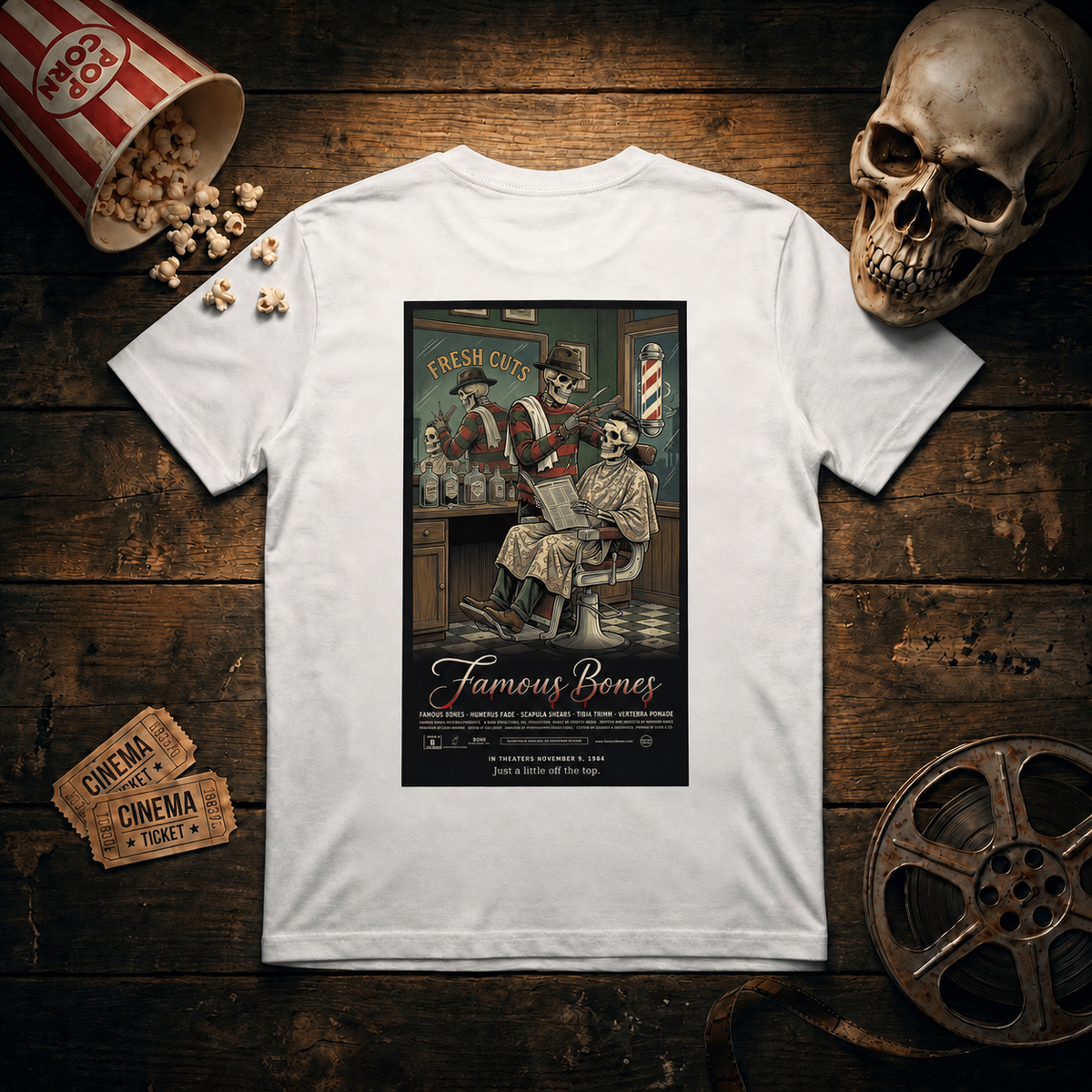 Fresh Cuts — Funny Skeleton Horror Movie Poster T-Shirt | 80s Slasher Barber Parody Tee | Famous Bones Pictures — Famous Bones