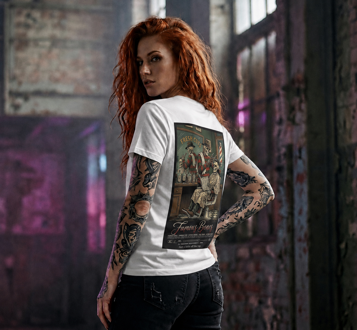 Fresh Cuts — Funny Skeleton Horror Movie Poster T-Shirt | 80s Slasher Barber Parody Tee | Famous Bones Pictures — Famous Bones