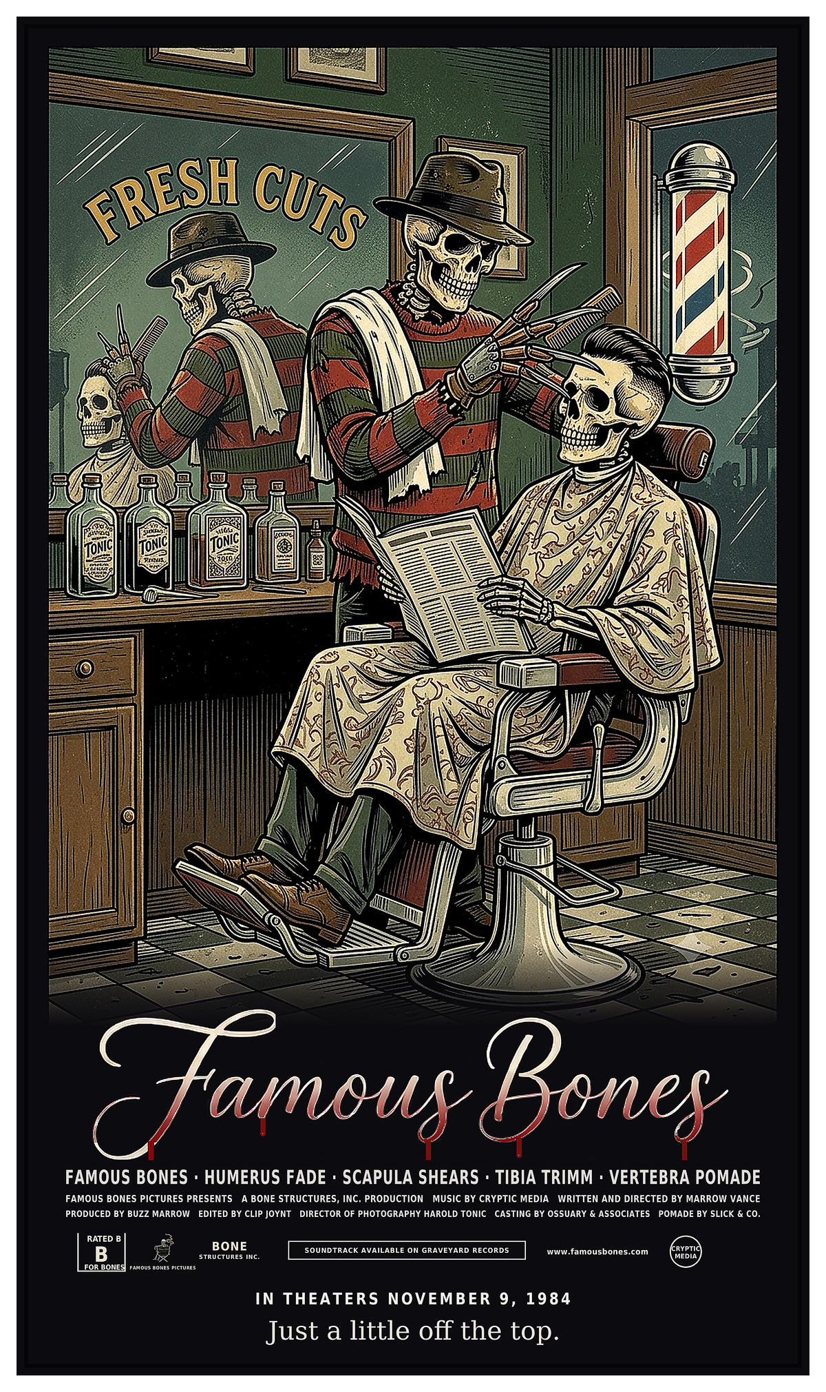 Fresh Cuts — Funny Skeleton Horror Movie Poster T-Shirt | 80s Slasher Barber Parody Tee | Famous Bones Pictures — Famous Bones