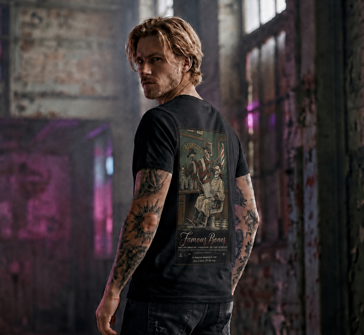 Fresh Cuts — Funny Skeleton Horror Movie Poster T-Shirt | 80s Slasher Barber Parody Tee | Famous Bones Pictures — Famous Bones
