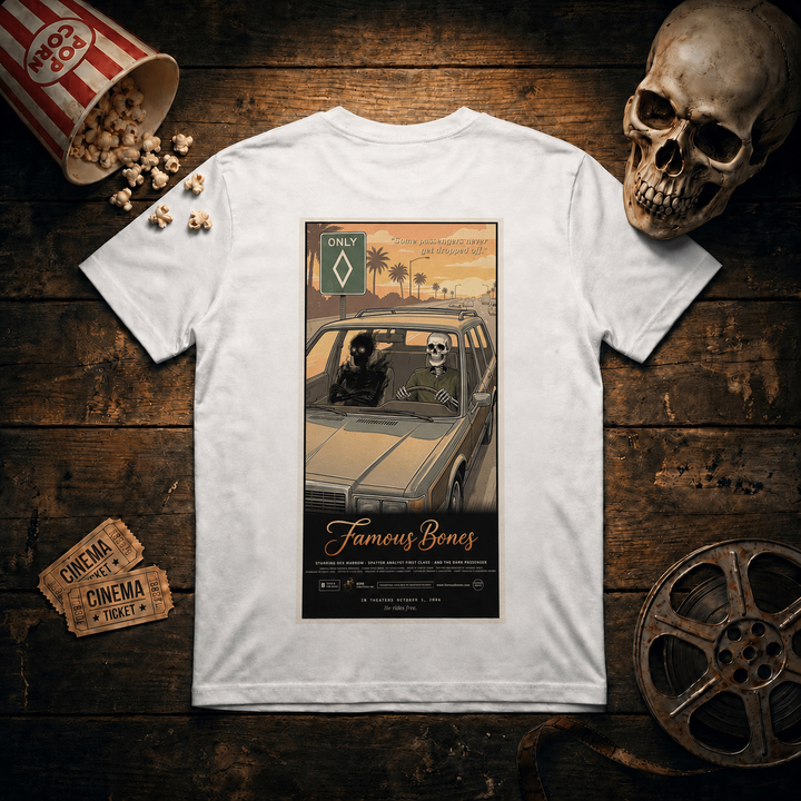 The Dark Passenger — Funny Skeleton Crime Series Movie Poster T-Shirt | Serial Drama Parody Carpool Tee | Famous Bones Pictures — Famous Bones
