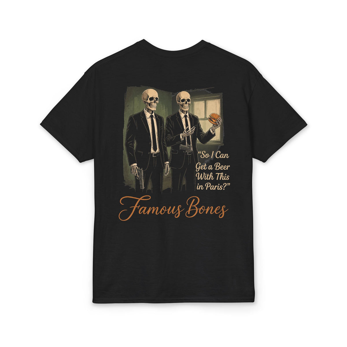 Beer in Paris Skeleton T-Shirt — Funny Horror Comedy Parody Movie Poster Tee — Famous Bones Pictures Unisex DryBlend® T-Shirt — Famous Bones