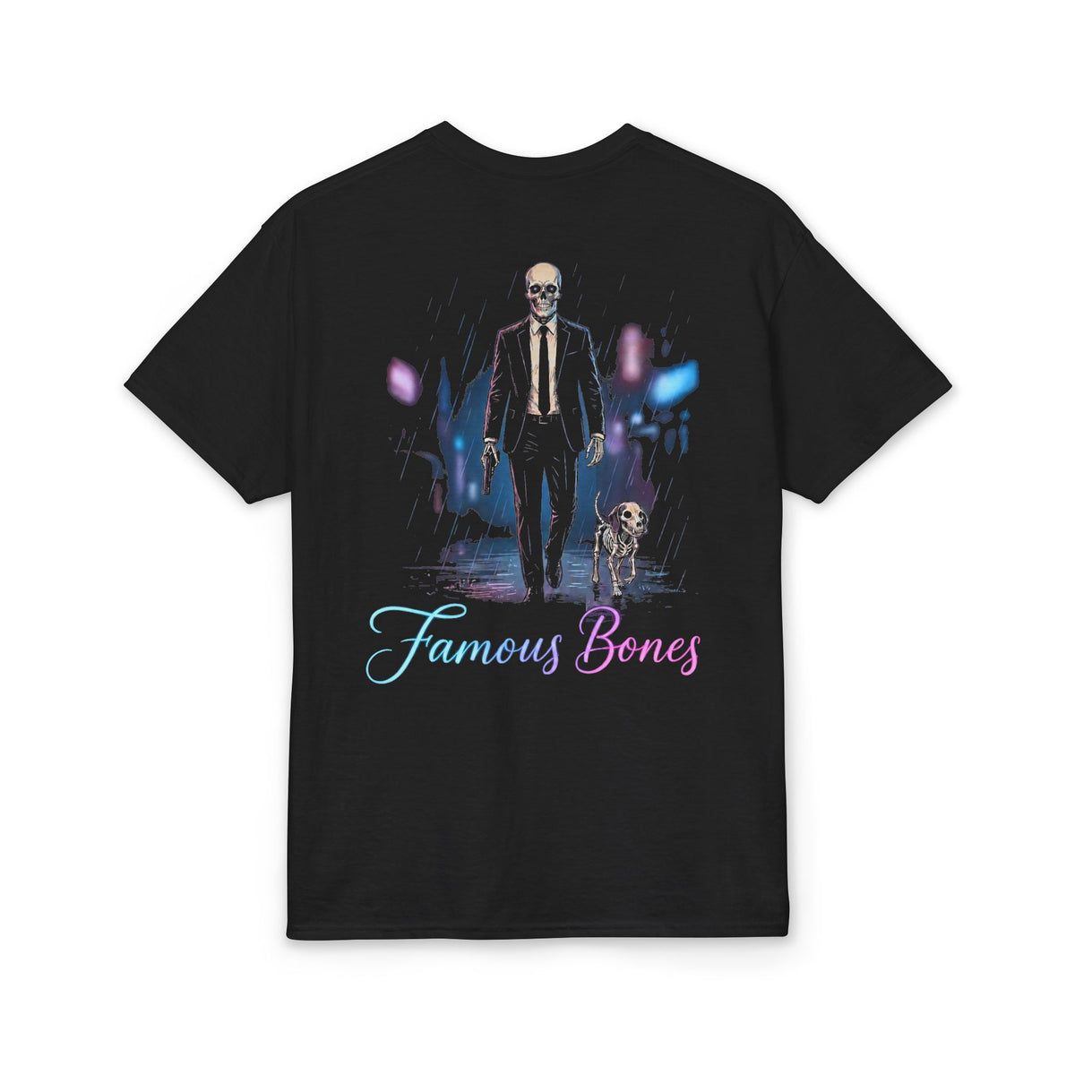 Neon Wick Skeleton T-Shirt — Neon Graphic Tee — Funny Horror Action Parody — Hitman & Dog — Famous Bones Pictures — Famous Bones