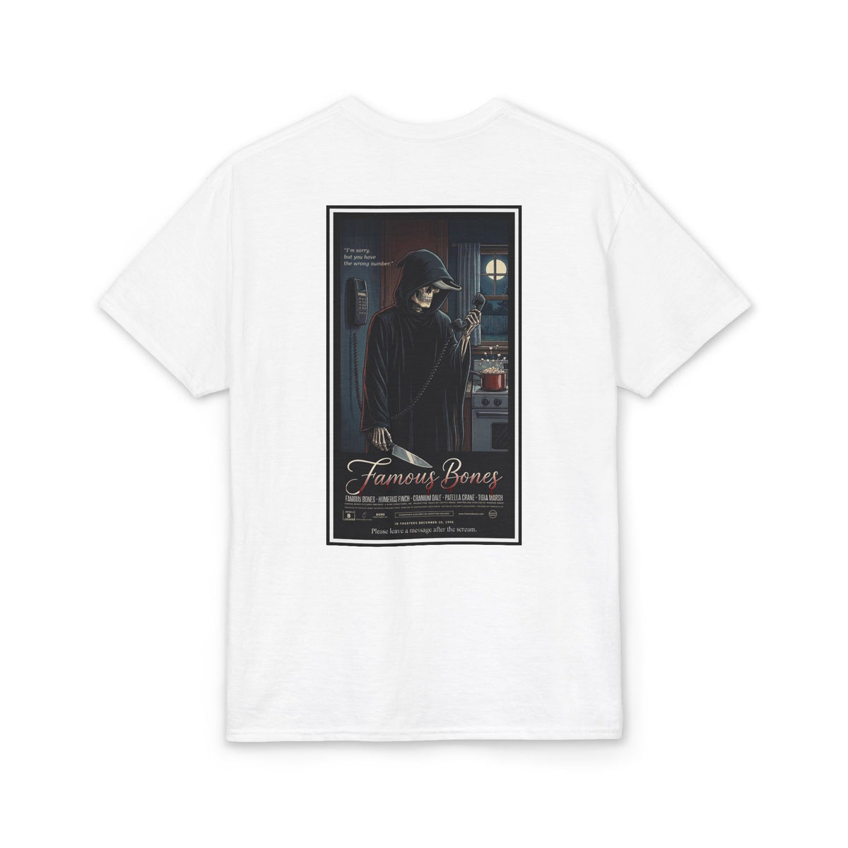 Wrong Number — Funny Skeleton Horror Movie Poster T-Shirt | 90s Slasher Parody Tee | Famous Bones Pictures — Famous Bones