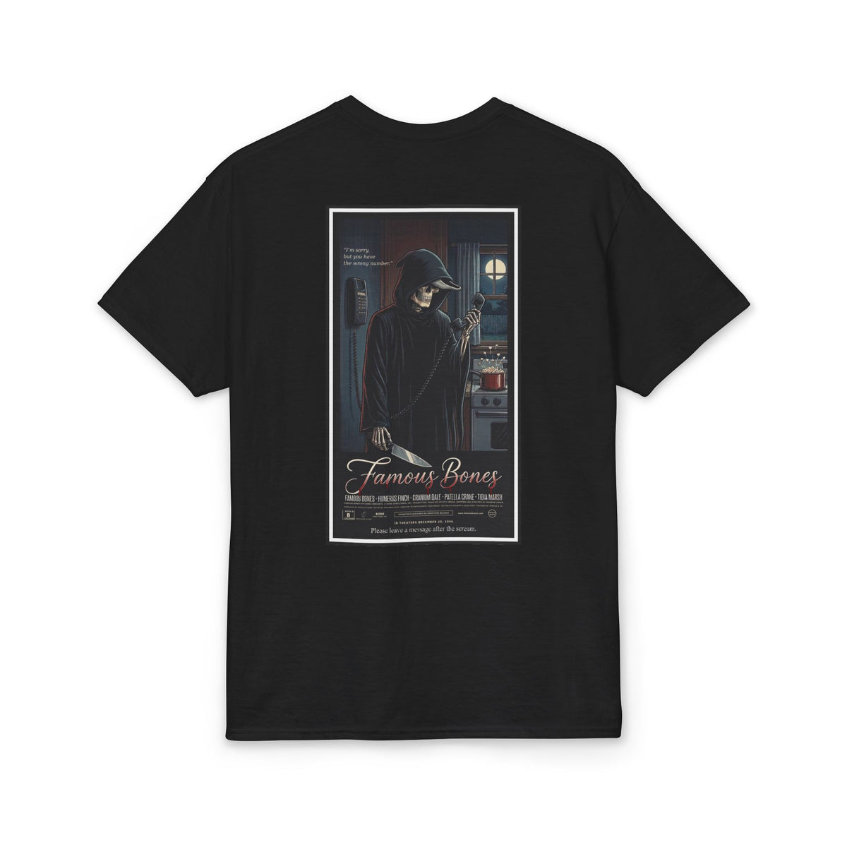 Wrong Number — Funny Skeleton Horror Movie Poster T-Shirt | 90s Slasher Parody Tee | Famous Bones Pictures — Famous Bones