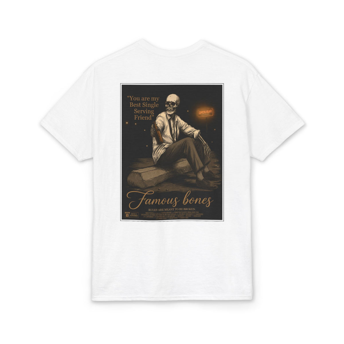 Single Serving Friend Skeleton T-Shirt — Funny Cult Movie Poster Parody Tee | Dark Comedy 90s Film Shirt | Famous Bones Pictures — Famous Bones