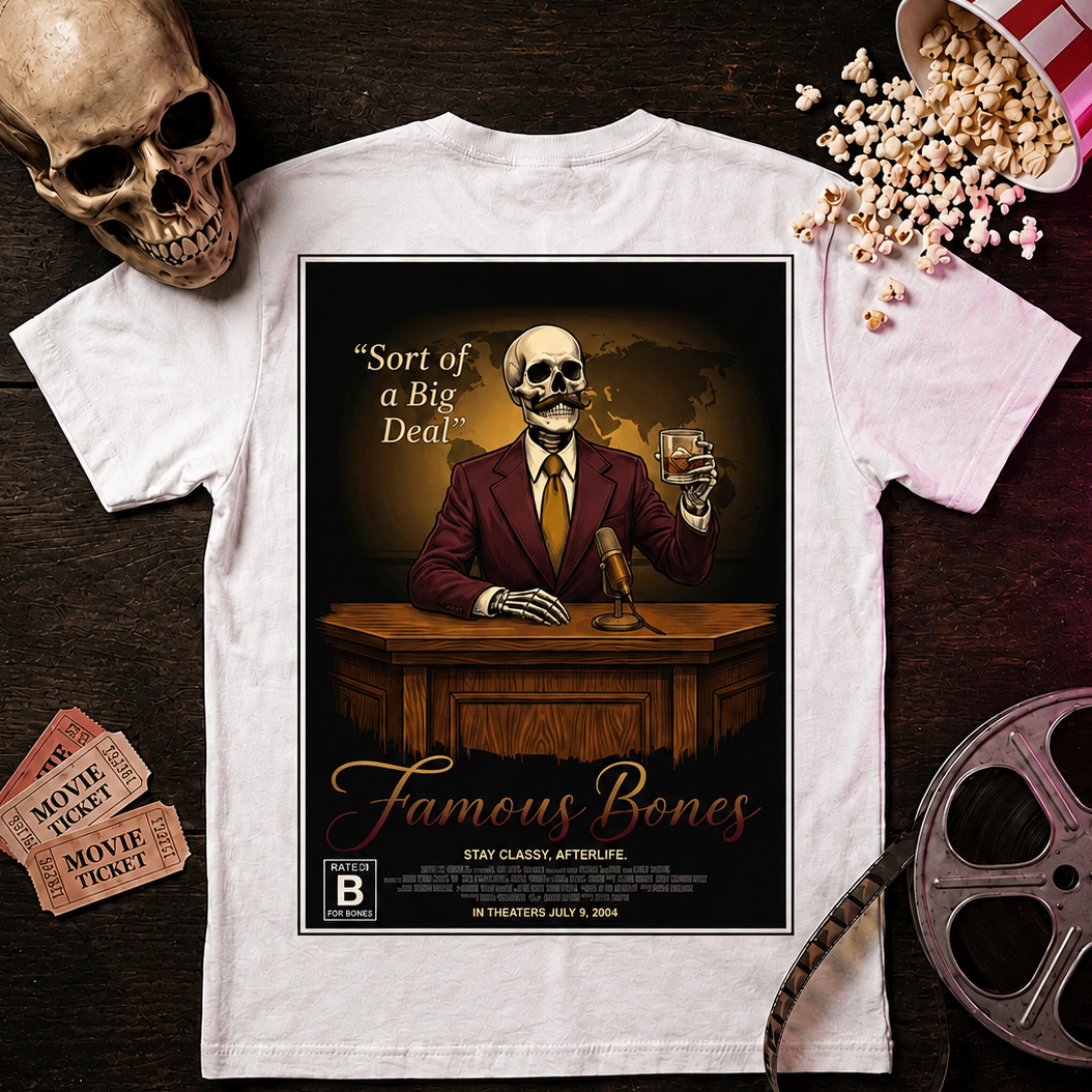 Sort of a Big Deal — Famous Bones skeleton news anchor movie poster tee